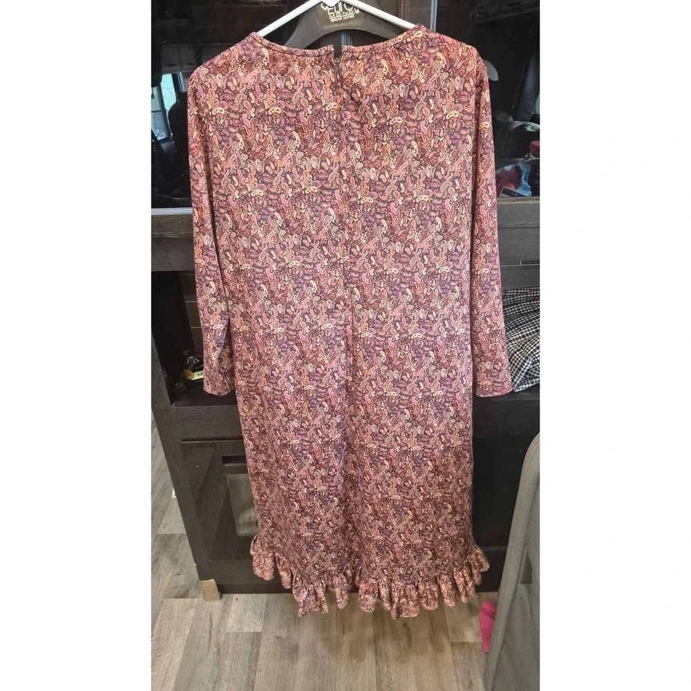 Handmade Vintage Paisley Print Long Sleeve‎ Midi Dress Ruffle Hem Mauve Purple M